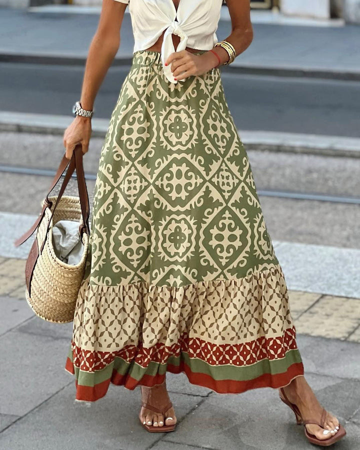 Printed Boho Maxi Skirt with Flowing Cut & Fringes – Yalina