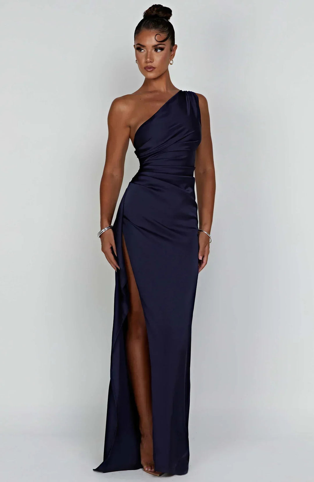 Satin stripe evening dress with one shoulder strap - Vivienne