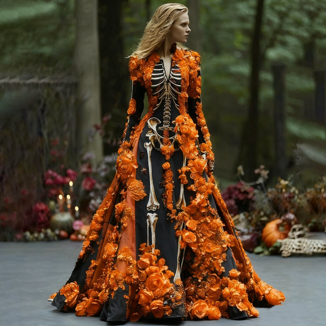 Model im schwarzen Maxikleid mit Skelettdruck und leuchtend orangefarbenen Rosenapplikationen, im herbstlichen Wald mit Kürbissen und Kerzen. 1