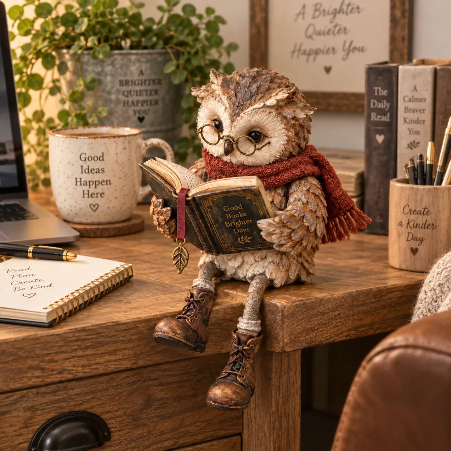 Eulenfigur mit baumelnden Stiefeln auf der Kante eines Holzschreibtischs, umgeben von Notizbuch, Stiftebecher, Tasse und Laptop. 2