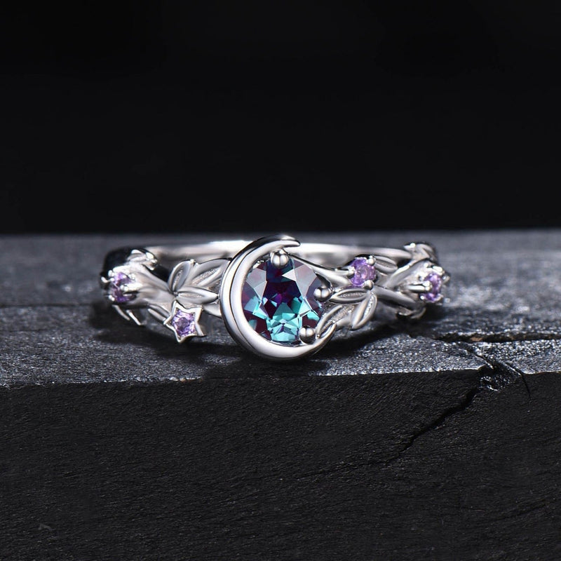 Mondstern-fargeskiftende alexandritt- og ametyst-forlovelsesring – Elara