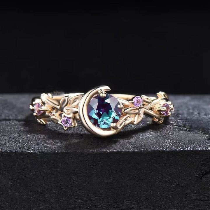 Mondstern-fargeskiftende alexandritt- og ametyst-forlovelsesring – Elara