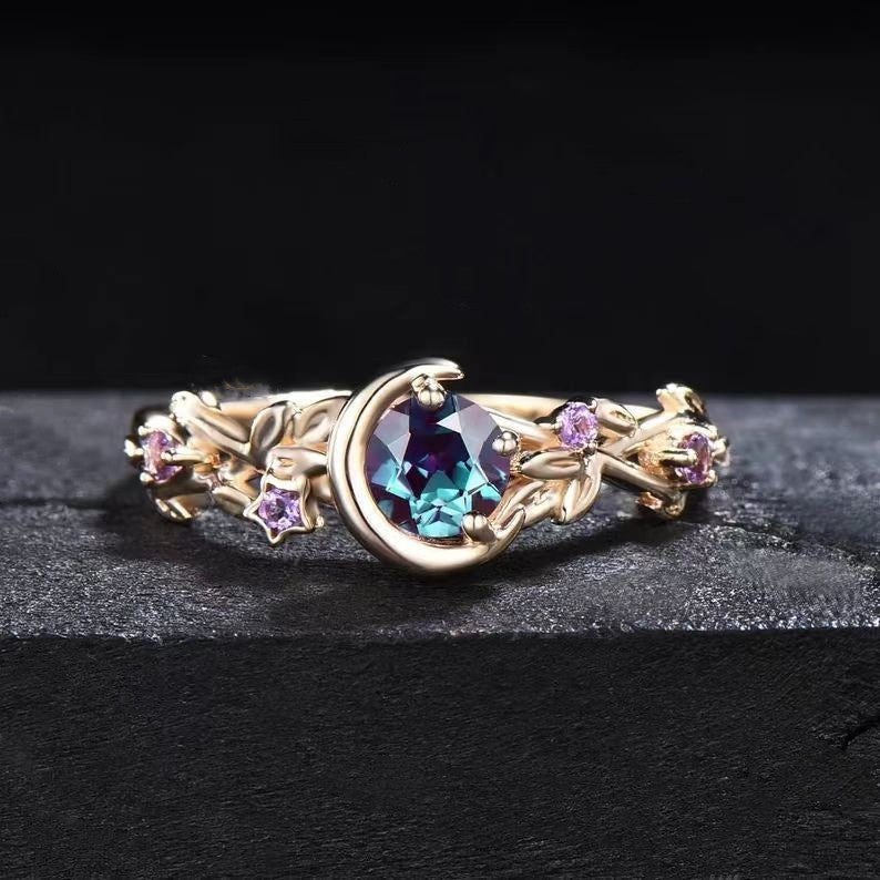 Mondstern-fargeskiftende alexandritt- og ametyst-forlovelsesring – Elara