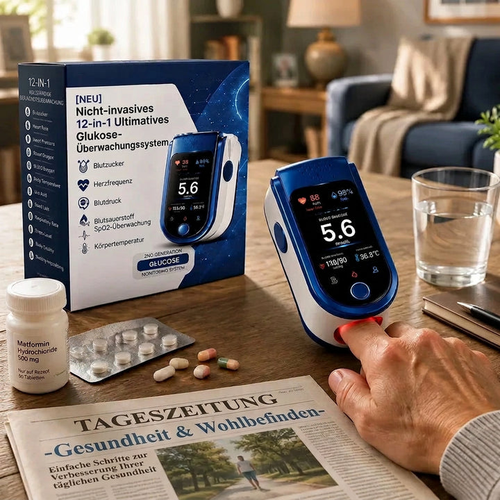 Verpackungsbox neben dem Messgerät, das auf dem Finger einer Hand steckt, auf einem Tisch mit Tabletten, Wasserglas und Zeitung. 5