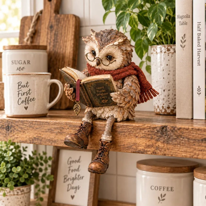 Nahaufnahme der lesenden Eule auf einem Holzregal, daneben Tasse, Vorratsgläser, Zimmerpflanze und Bücher. 10