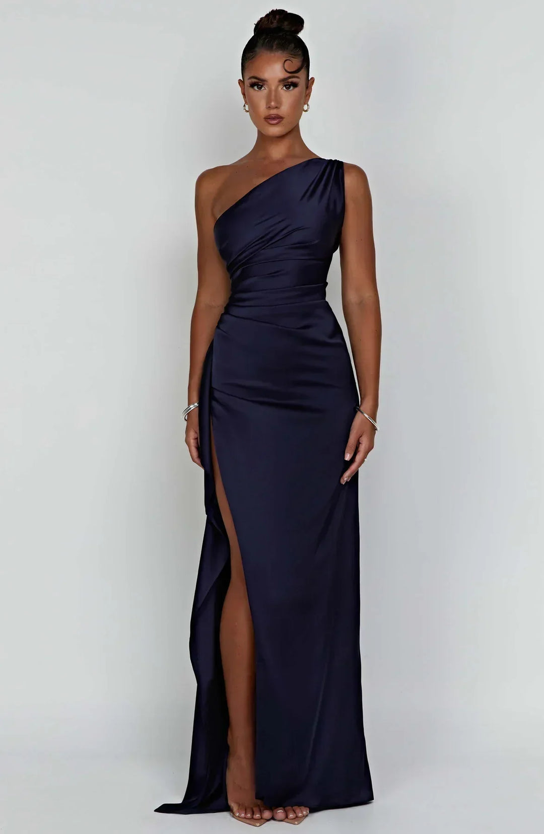 Satin stripe evening dress with one shoulder strap - Vivienne