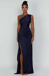 Satin stripe evening dress with one shoulder strap - Vivienne
