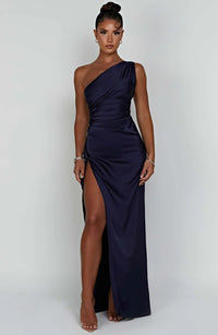 Satin stripe evening dress with one shoulder strap - Vivienne
