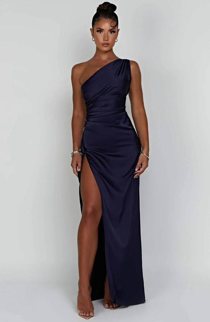 Satin stripe evening dress with one shoulder strap - Vivienne