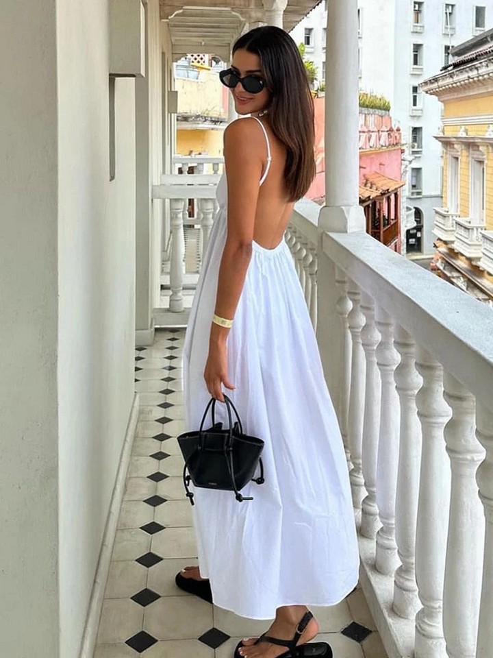 Vestido maxi con escote en V profundo y espalda descubierta – Alessa