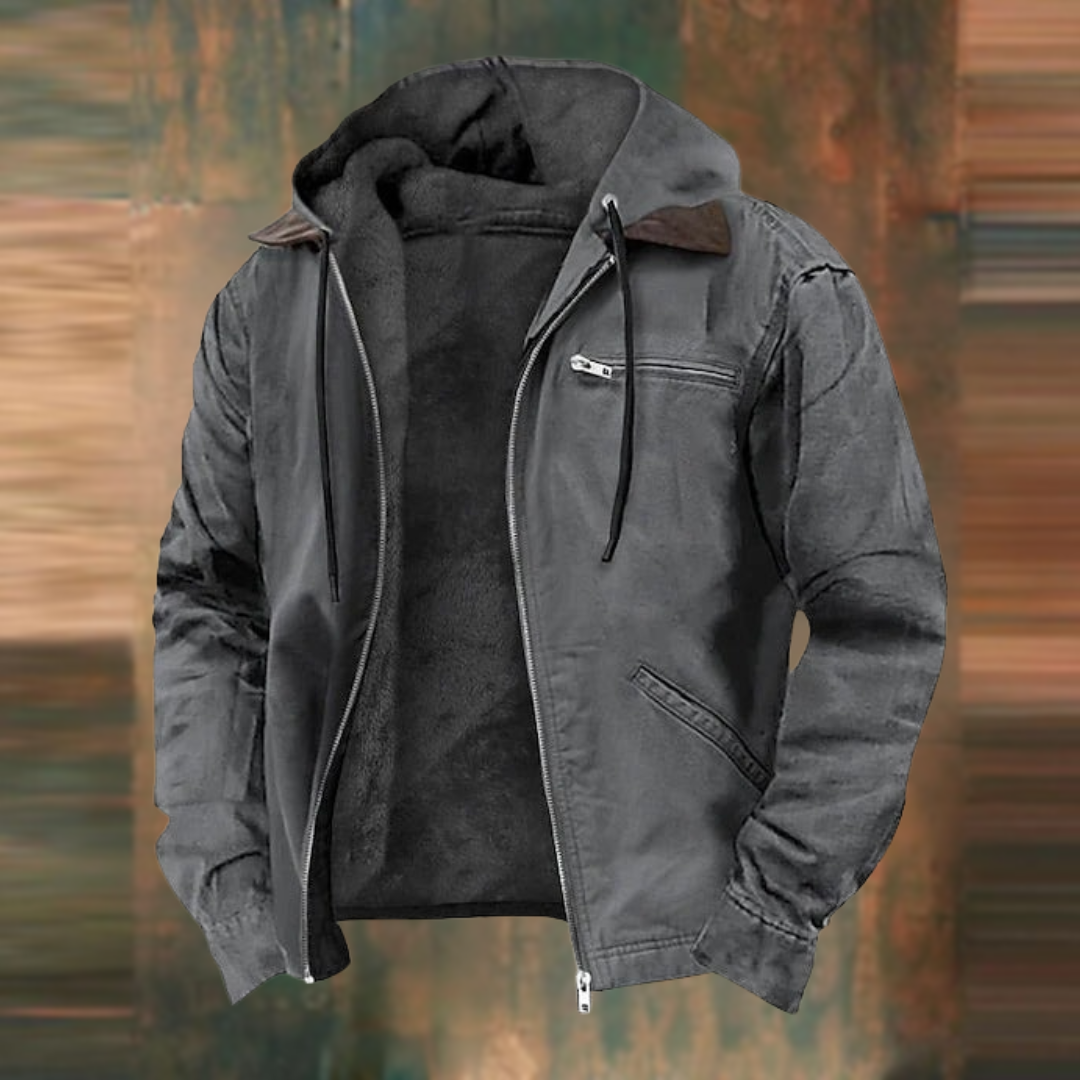 Dieselbe Jacke in Grau, offen von vorn gezeigt, mit Kapuze, Kordeln und weichem dunklem Fleecefutter. 4
