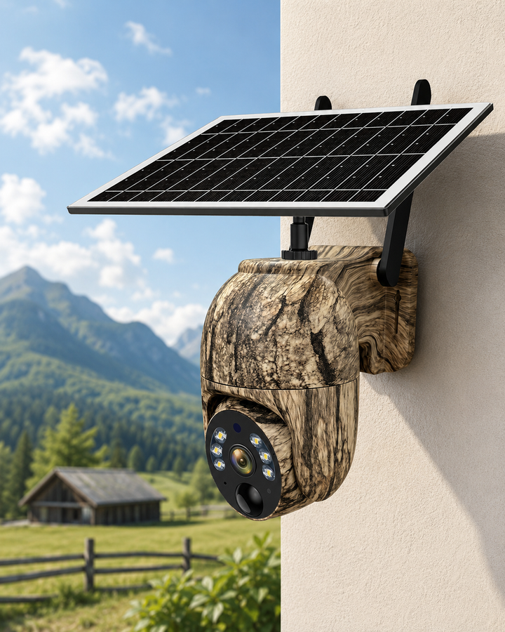 Kamera in Rindenoptik mit Solarpanel an einer hellen Hauswand, im Hintergrund Berge, Wiese und eine Holzhütte. 10