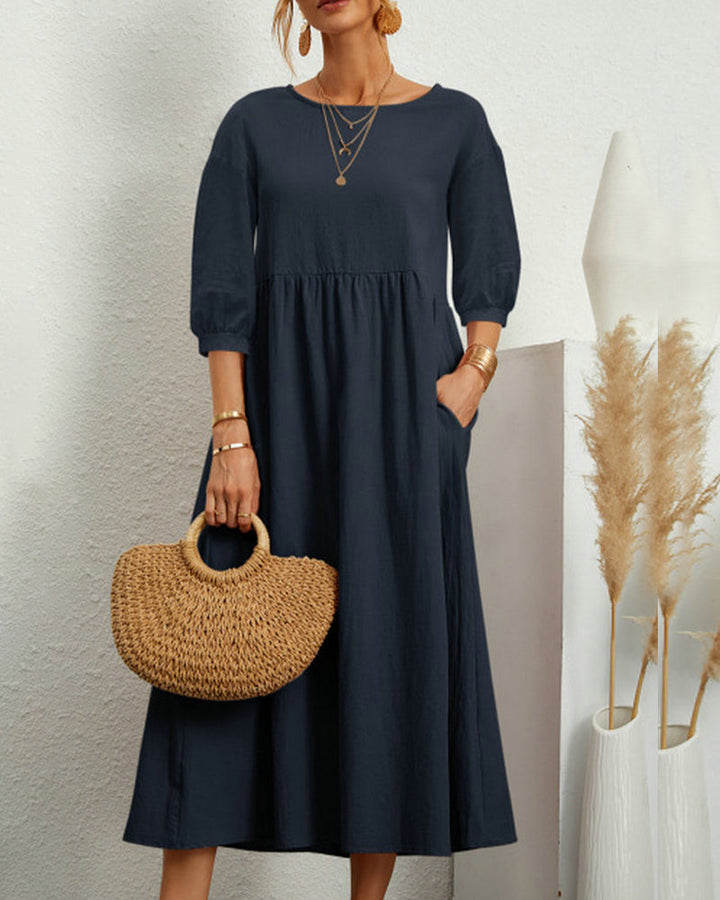 Midikleid mit Rundhalsausschnitt & Laternenärmeln – Selina