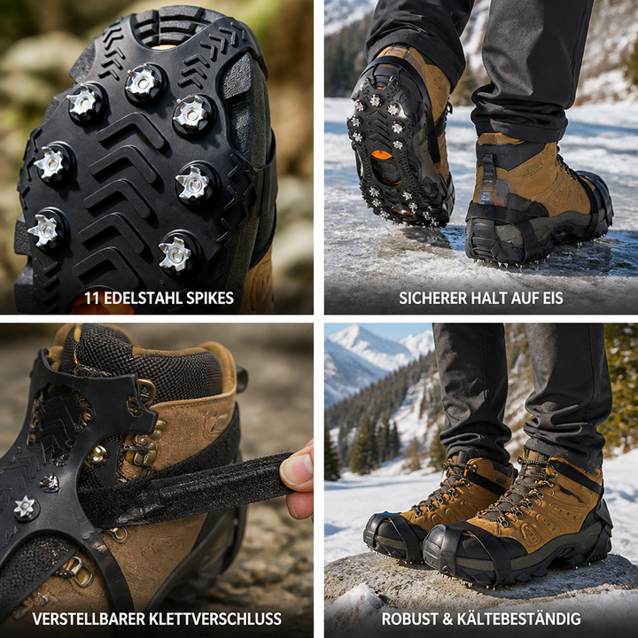 Vierer-Collage: Spikes in Nahaufnahme, Gang über Eis, Klettverschluss am Stiefel und Stiefel im Schnee 2