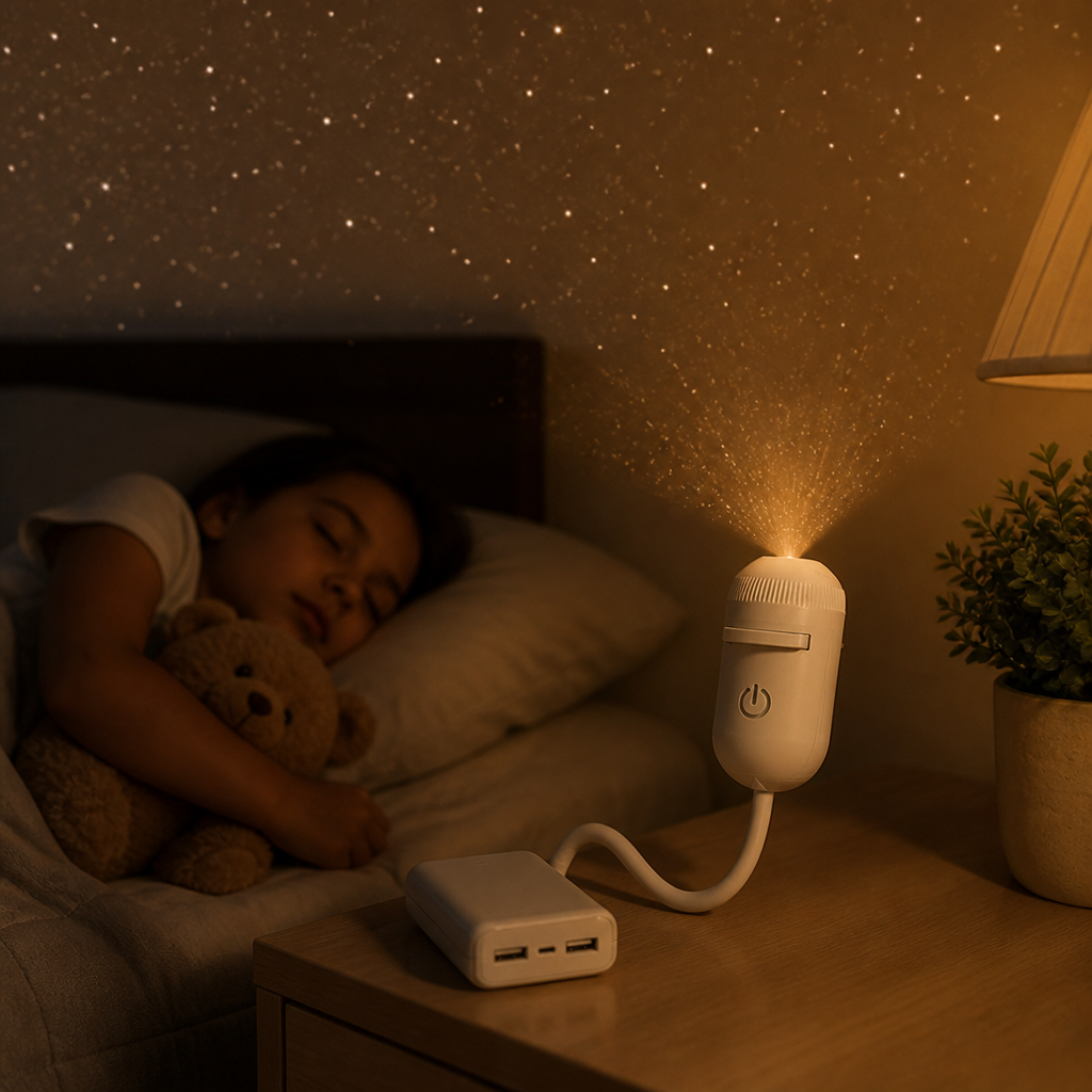 Der Projektor steht auf dem Nachttisch an einer Powerbank und wirft Sterne an die Decke, während ein Kind mit Teddy schläft. 4
