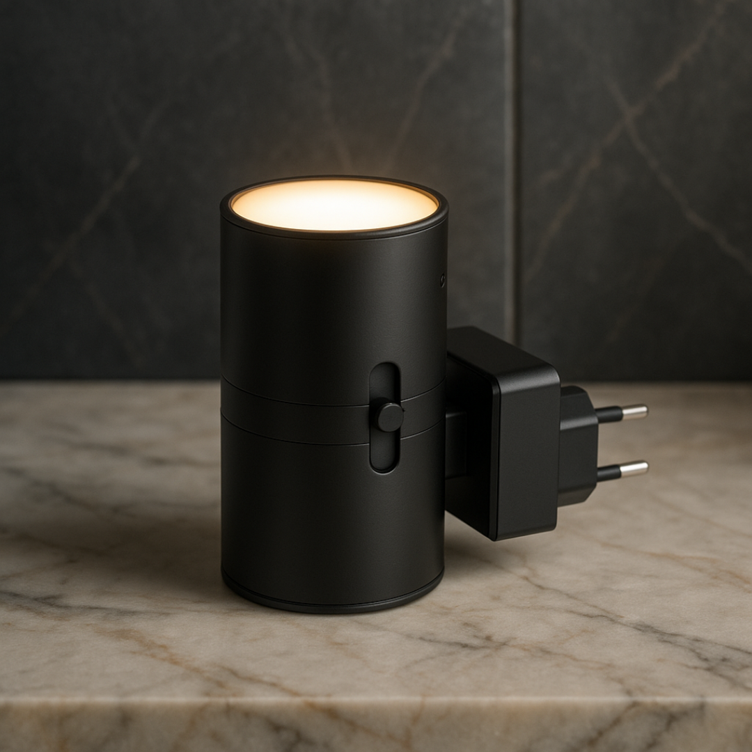 Nahaufnahme der schwarzen Zylinderlampe mit leuchtender Oberseite, seitlichem Schieberegler und Eurostecker, auf einer Marmorfläche stehend. 3