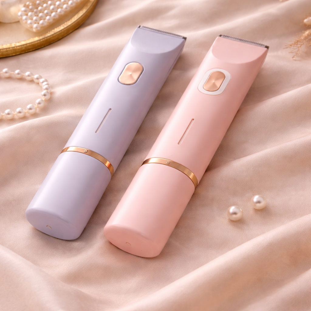 Zwei Trimmer in Flieder und Rosa liegen nebeneinander auf cremefarbenem Stoff, daneben Perlen und ein goldener Spiegel. 1