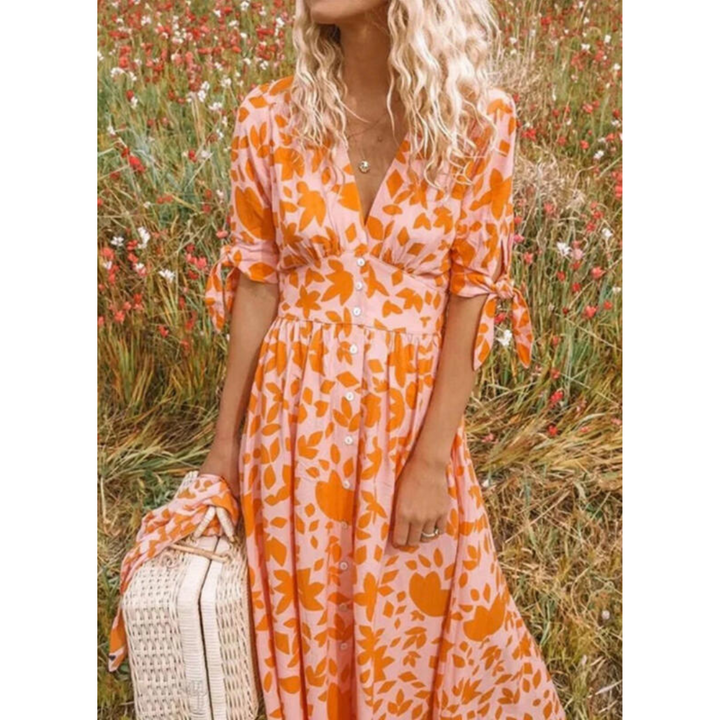 Flowing maxi dress with V-neck and tie sleeves – Soraya