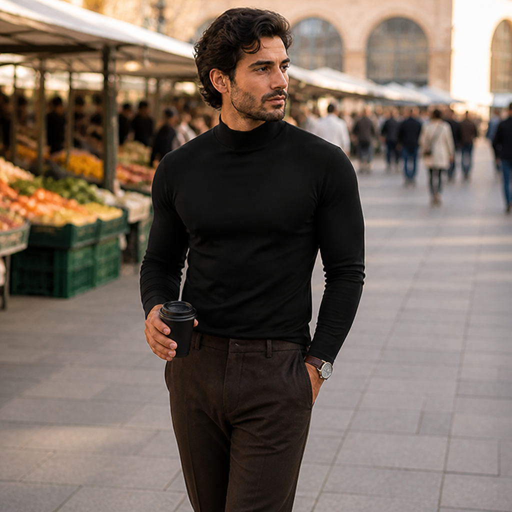 Mann trägt das schwarze Langarmshirt zur braunen Hose und geht mit einem Kaffeebecher in der Hand an Marktständen vorbei. 2