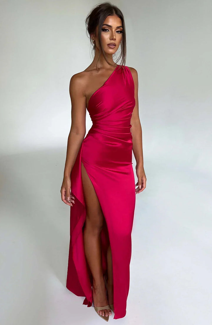 Satin stripe evening dress with one shoulder strap - Vivienne