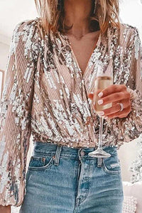 Sparkling & Stylish Women's Glitter V-Neck Long Sleeve Top – Naya
