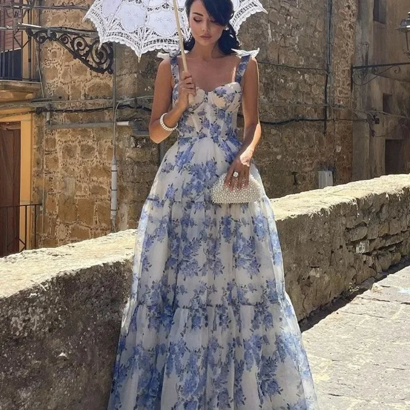 Vestido de noche sin tirantes con estampado vintage de flores azules - Elena