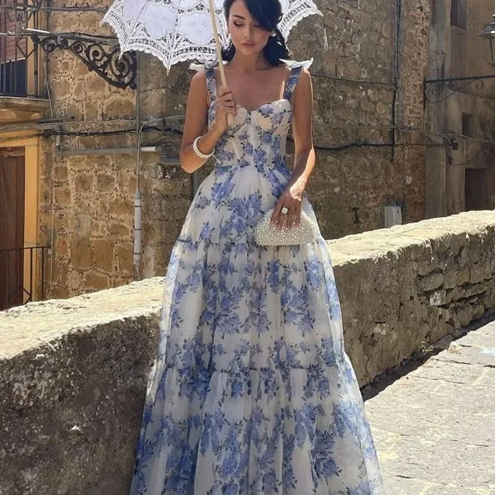 Vestido de noche sin tirantes con estampado vintage de flores azules - Elena