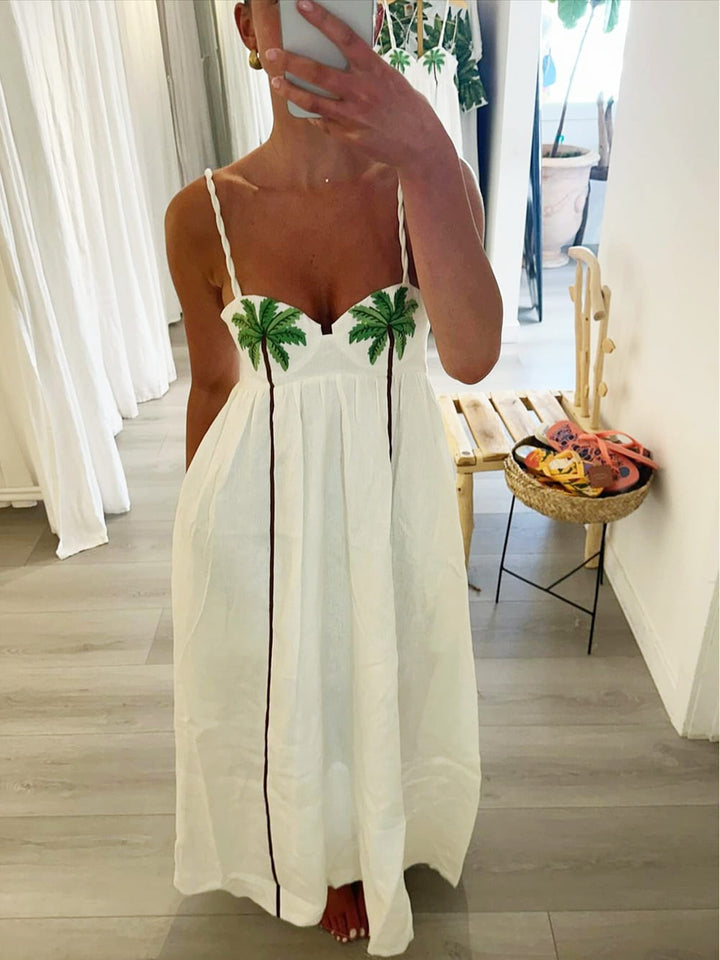Trendy stropkjole med tropisk palmeprint – Estelle