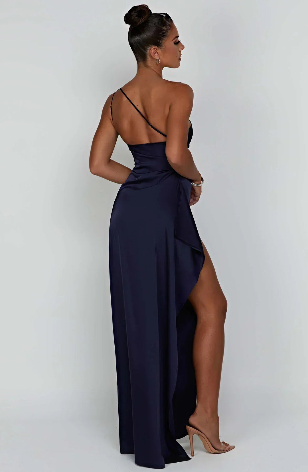 Satin stripe evening dress with one shoulder strap - Vivienne