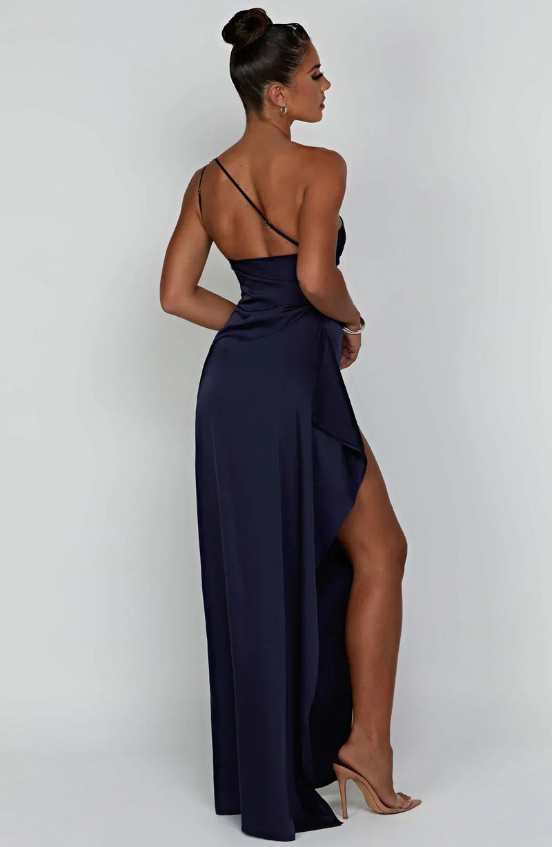 Satin stripe evening dress with one shoulder strap - Vivienne