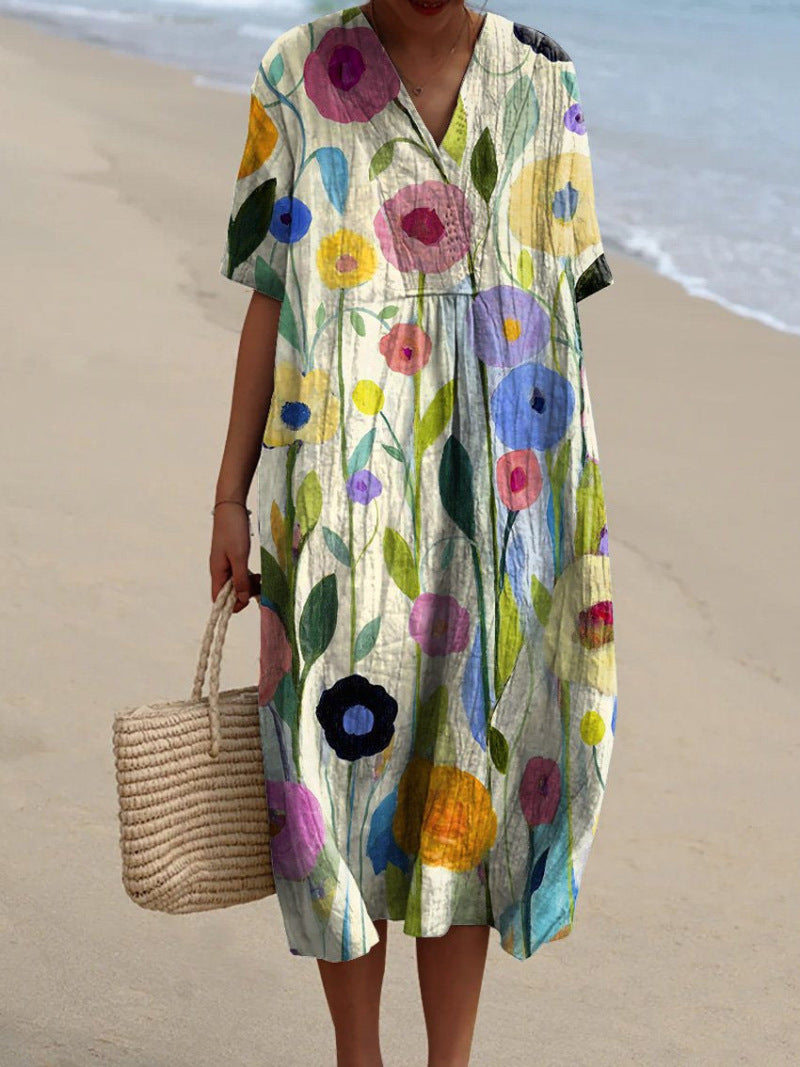 Leichtes Sommerblumenkleid mit V-Ausschnitt & Komfortschnitt – Talia