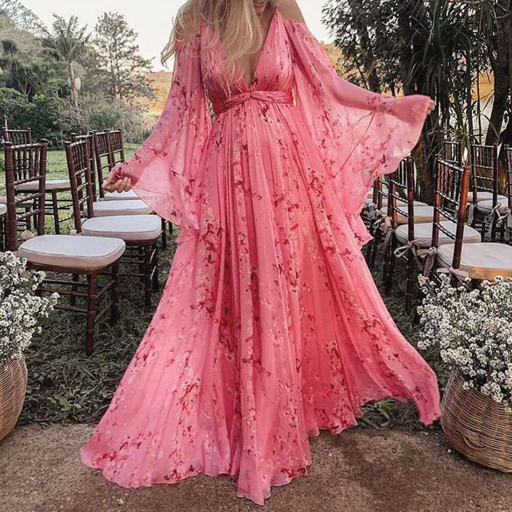 Stylish pink chiffon dress with flared sleeves - Isabelle