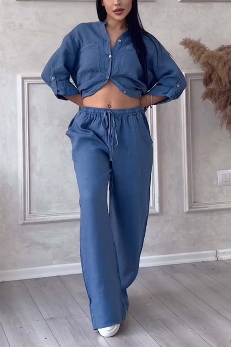 Trendy damesæt i hør med bluse og vid bukser – Lina