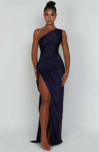 Satin stripe evening dress with one shoulder strap - Vivienne