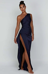 Satin stripe evening dress with one shoulder strap - Vivienne