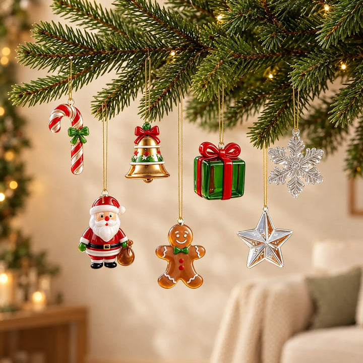 Sieben glänzende Weihnachtsanhänger an goldenen Fäden vor einem Tannenzweig: Zuckerstange, Glocke, Weihnachtsmann, Lebkuchenmann, Geschenk, Stern und Schneefloc 1