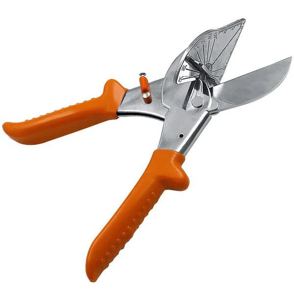 Geöffnete Winkelschere mit orangen Griffen, Ansicht von oben mit Winkelskala und Feststellstift 2
