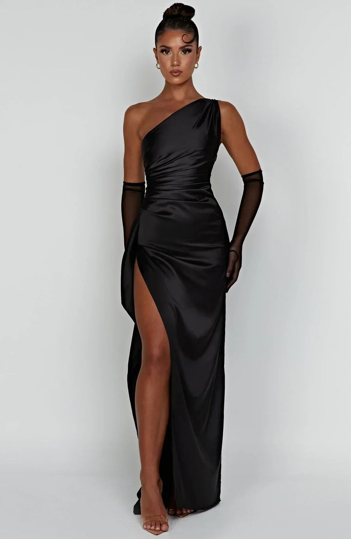 Satin stripe evening dress with one shoulder strap - Vivienne