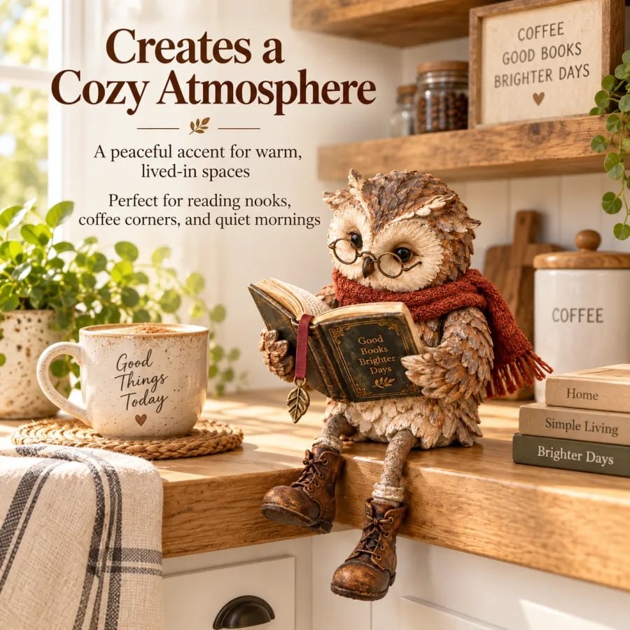 Die Eule sitzt auf einer Küchenarbeitsplatte aus Holz neben einer Tasse, einem Geschirrtuch, Vorratsglas und kleinen Büchern. 6