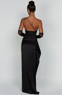 Satin stripe evening dress with one shoulder strap - Vivienne