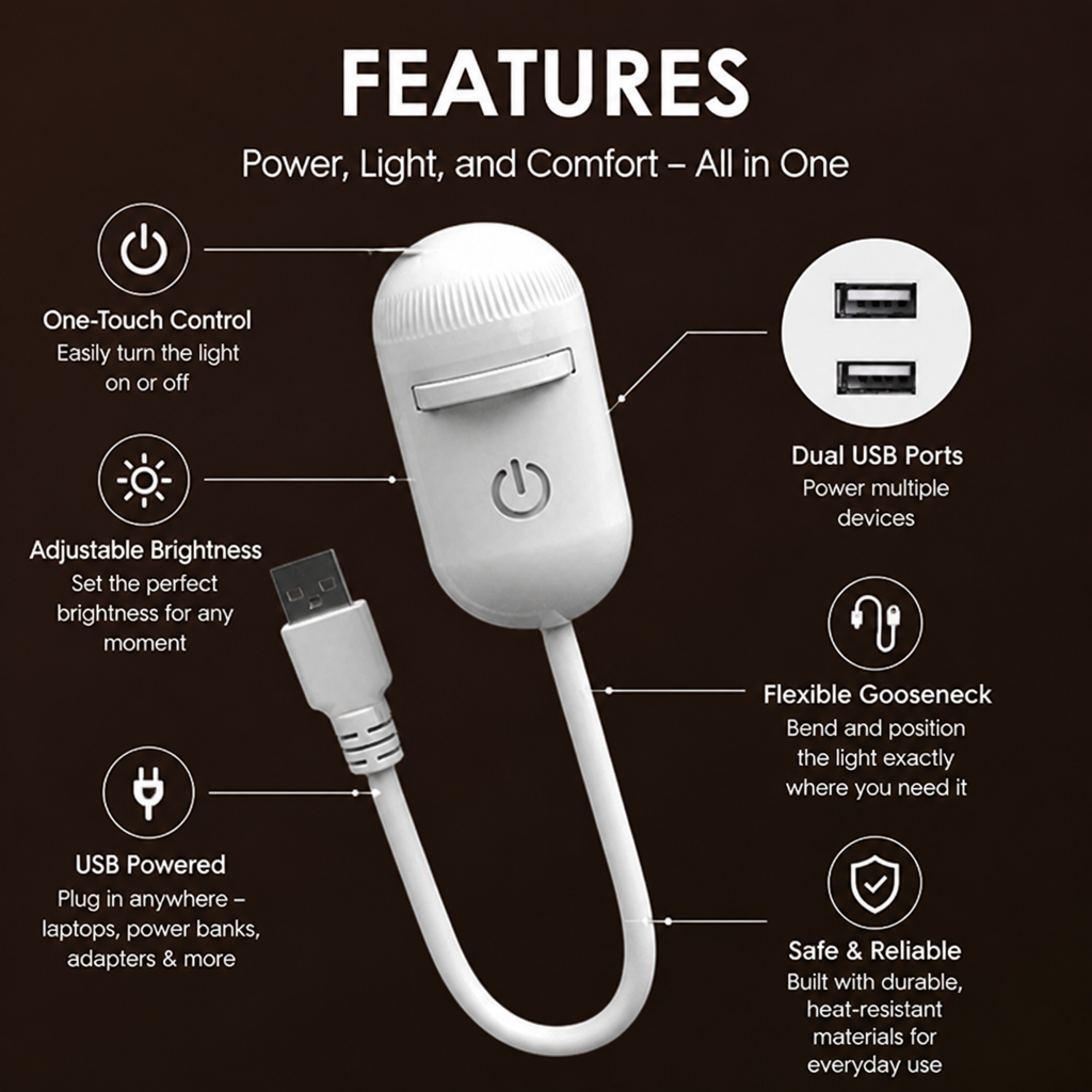 Funktionsgrafik mit dem Projektor auf dunklem Hintergrund und Symbolen für Touch-Bedienung, Helligkeit, USB-Betrieb, zwei USB-Ports und biegsamen Schwanenhals. 7