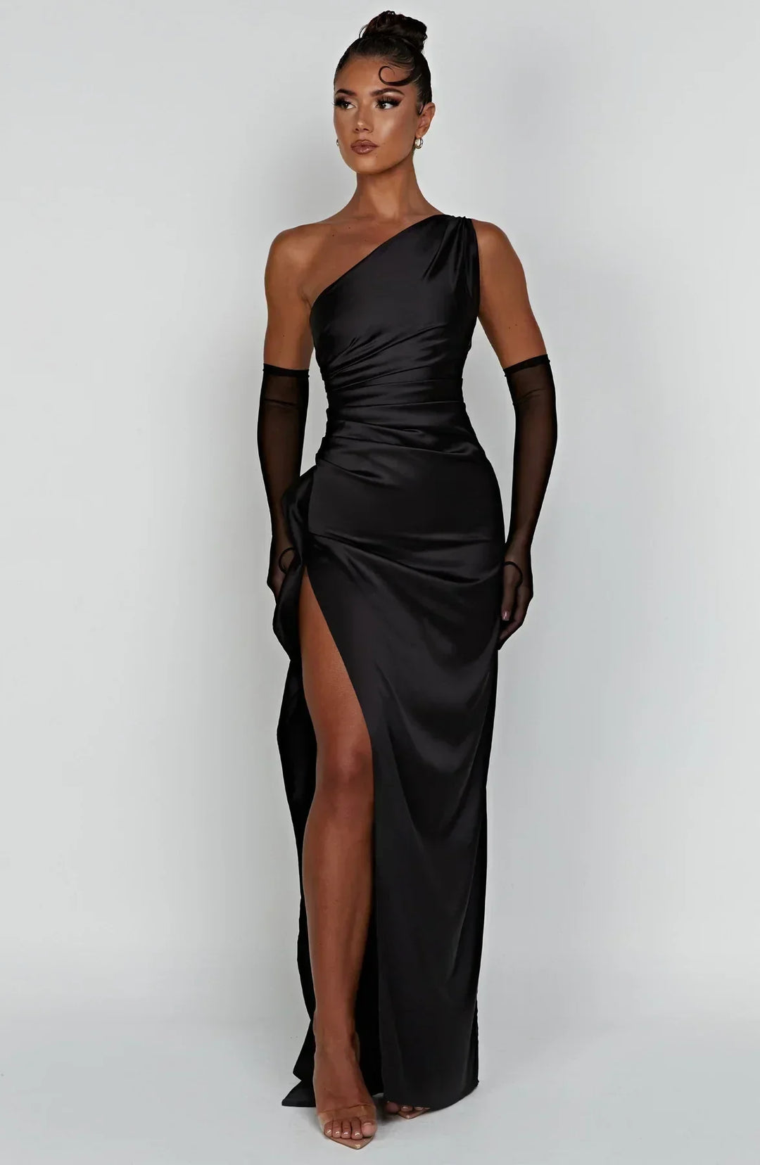 Satin stripe evening dress with one shoulder strap - Vivienne