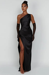 Satin stripe evening dress with one shoulder strap - Vivienne