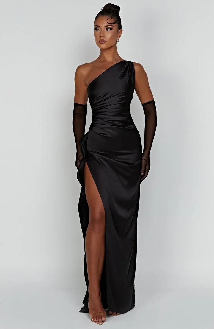 Satin stripe evening dress with one shoulder strap - Vivienne