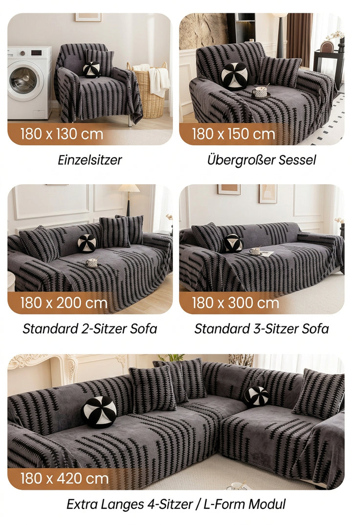Übersicht der fünf Größen des Bezugs, vom Sessel bis zum langen Ecksofa, jeweils auf einem Sofa gezeigt 7