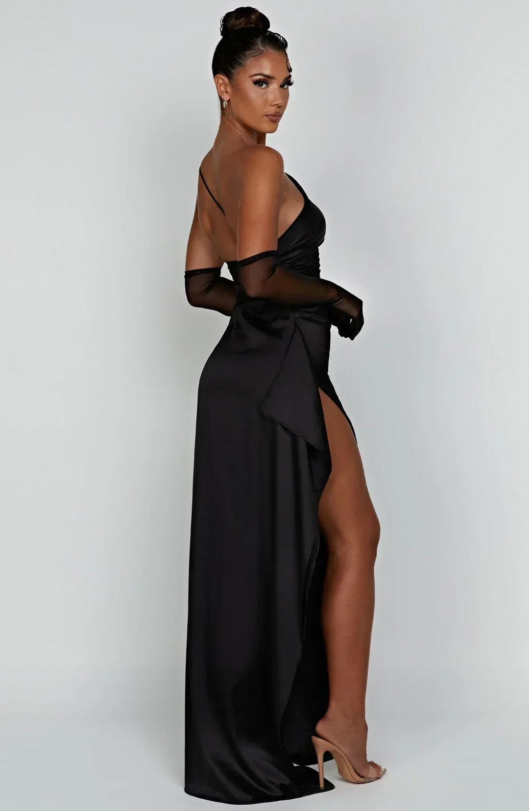 Satin stripe evening dress with one shoulder strap - Vivienne