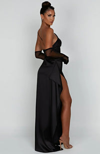 Satin stripe evening dress with one shoulder strap - Vivienne