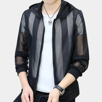 Schwarze Netzjacke mit Kapuze, lässig, atmungsaktiv, ideal für Frühling und Sommer.