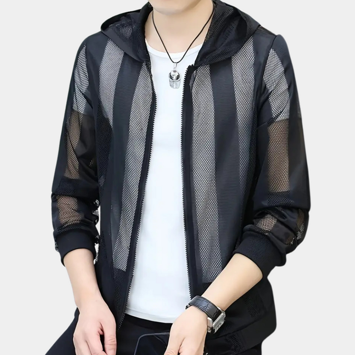Schwarze Netzjacke mit Kapuze, lässig, atmungsaktiv, ideal für Frühling und Sommer.