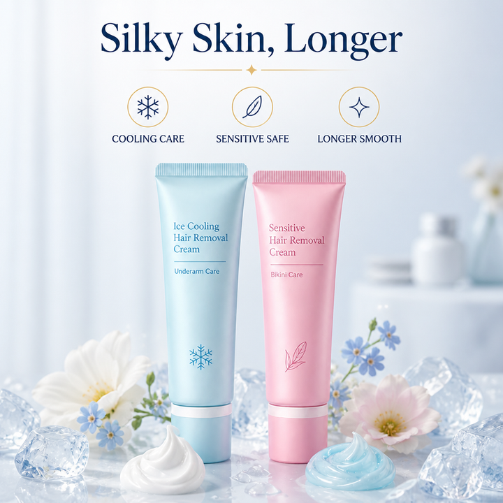 Hellblaue und rosa Tube mit Symbolen, umgeben von Eiswürfeln, Blüten und je einem Klecks weißer und blauer Creme. 3
